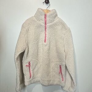 Crewcuts J Crew Girls Ivory Sherpa Fleece 1/4 zip with Pink Trim size 12